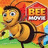 Pixelated cartoon bee character with brown hair, blue eyes, and a wide smile holding a red sign reading 'BEE' in yellow letters.