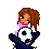 Pixelated cartoon girl holding soccer ball with red text "take a break from studies" on white background, part of animated contact sheet frame.