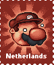 Pixel art of a character resembling Mario with exaggerated features, wearing a red cap and black mustache against a reddish-brown background with radiating lines.