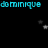 Pixelated cyan text 'dominique', 'kareigh', and partial symbols on black background with scattered white dots, gray square overlay.