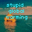 Pixelated image with cyan text 'stupid global warming' overlaid on a pixelated orange figure against a teal and brown background.