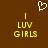 Brown background with white pixelated heart above yellow text reading LUV GIRLS on both sides.