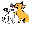 Pixelated cartoon dogs: white dog licks orange dog's face, both sit on gray background with pink ears and black eyes.
