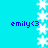 Pixelated blue background with white snowflakes and repeated "emily<3" text in dark blue.