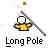 Pixel art icon of a figure in yellow clothing holding a long pole with a checkered head, set against gray background with text below.