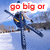 A pixelated image of a blue and yellow aircraft with two figures on a snowy landscape, featuring red text overlays.