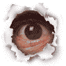 A pixelated eye peers through a torn paper hole in , with the right eye closing in the second frame while the left eye remains open in the first and third frames