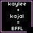 Four identical black square with pink borders display white pixelated text reading 'kaylee + kajal = BFFL', each containing a distinct small symbol in the bottom-right corner