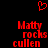 Red pixelated text and heart symbol on black background, with two identical side-by-side layouts of the phrase "Matty rocks cullen".