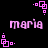Pixelated pink text 'maria' appears in four positions on a black background, surrounded by small pink square and dot patterns that shift between frames.