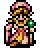 Pixel art character with pink and yellow clothing, green shoulder accents, holding a staff-like object in two distinct poses.