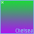Two identical static images side-by-side showing a gradient background with green top transitioning to purple bottom and the word "Chelsea" in light blue pixelated text at the bottom center.