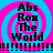 A static digital image with four identical quadrants featuring bold black text "Abs Rox The World" over a pink and blue spiral background, separated by horizontal dashed lines.