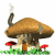 Animated contact sheet of a mushroom house icon with four frames showing subtle smoke and grass variations.