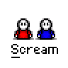 Animated contact sheet of 22 pixel art frames showing two stick figures in red and blue outfits performing sequential actions with the word 'Scream' below each frame.