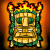 Pixelated tiki mask with green hair, yellow face, and flame crown on orange gradient background.