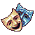 Pixel art of two theatrical masks with a blue checkered hat, one mask smiling and the other neutral on gray background.