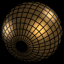 Six spherical patterns with golden highlights and black mesh lines rotate against a black background, each showing a different phase of the same animation