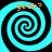 Four identical cyan and black spiral patterns arranged in a with orange text "yeah?" above each spiral on a black background