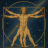 Static pixel art of a nude human figure in Vitruvian Man pose within square and circle, on dark blue background with light brown lines.