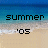 A beach scene with blue water and tan sand, featuring repeated text elements that change across frames.