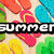 Pixelated beach scene with colorful flip-flops on sand, featuring animated text and symbols changing across frames.