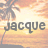 Pixelated sunset scene with palm tree silhouette and 'Jacque' text overlay on warm-toned gradient background.