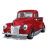 Red vintage pickup truck with silver grille and blue wheels, shown in five of animation on white background