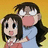 Two pixelated anime-style characters embrace against a yellow background; one wears red, the other light blue with long dark hair.