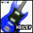 Blue electric guitar with green and brown accents, white background, 'HAILEY' text in black box at bottom.