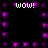 Black background with four instances of 'wow!' text in white pixelated font surrounded by purple square sparkles.