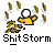 Pixelated static icon showing a yellow stick figure with white head and limbs surrounded by flying golden coins, below which is bold text reading "ShitStorm" on gray background.