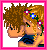 Pixel art animation of a character with brown curly hair and blue eyes, transitioning from full-body to text-only display.