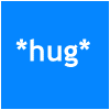 Blue square background with white pixelated text *hug* centered, asterisks on both sides of the word.