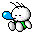 Pixel art character with white body, green sash, pink cheeks, and black antennae holding a blue object that changes shape across frames.