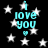 Black background with white stars and cyan text reading "i love you" accompanied by a small heart symbol.