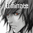 Pixelated grayscale image of a character with long dark hair and red eyes, overlaid with white pixelated text reading 'eliminate'.