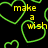 Black background with green neon heart outlines and yellow pixelated text phrases including "make a wish," "bruce you KNOW," and "I love you." Gray rectangle occupies bottom-right corner.