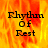 A pixelated text-based icon with 'Rhythm Of Rest' over a fiery orange-yellow background, transitioning to gray in the bottom-right corner.