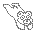 Two pixelated white shapes on gray background, left shape has jagged outline with internal pattern, right shape has rounded outline with internal pattern and small black dots nearby.