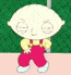 Animated cartoon character with large head and eyes, wearing red overalls and yellow shirt, standing against green textured background.