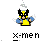 Pixelated character with black and yellow helmet, blue shoulder pads, yellow torso, brown hands, white claw effects on both arms against gray background.