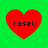 Four red heart shapes on a green background, each containing the text 'casey' in black pixelated font.