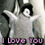 A pixelated image of a character with large eyes and outstretched arms, overlaid with pink text reading "I Love You Much This" in four separate segments.