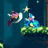 Pixel art scene with two characters: one flying left with pink hair and white wings, another standing on a mossy platform holding a blue creature.