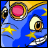 Blue cartoon character with yellow stars, brown eyes, and a pink circular eye lens showing white sparkles in