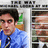 Pixelated image of a person in blue shirt and dark tie standing beside a refrigerator with open door showing food items.