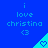 Blue background with repeated text "i love christina" and heart symbols in cyan triangles.