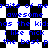 Blue pixelated text on a black-and-white checkered background with repeated phrases and partial words.