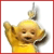 Pixelated yellow cartoon character with rounded head and body, arms raised, holding a black object in one hand, standing against white background with red border.